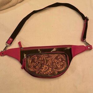 Western Cowhide and Tooled Leather Pink Fanny Pack